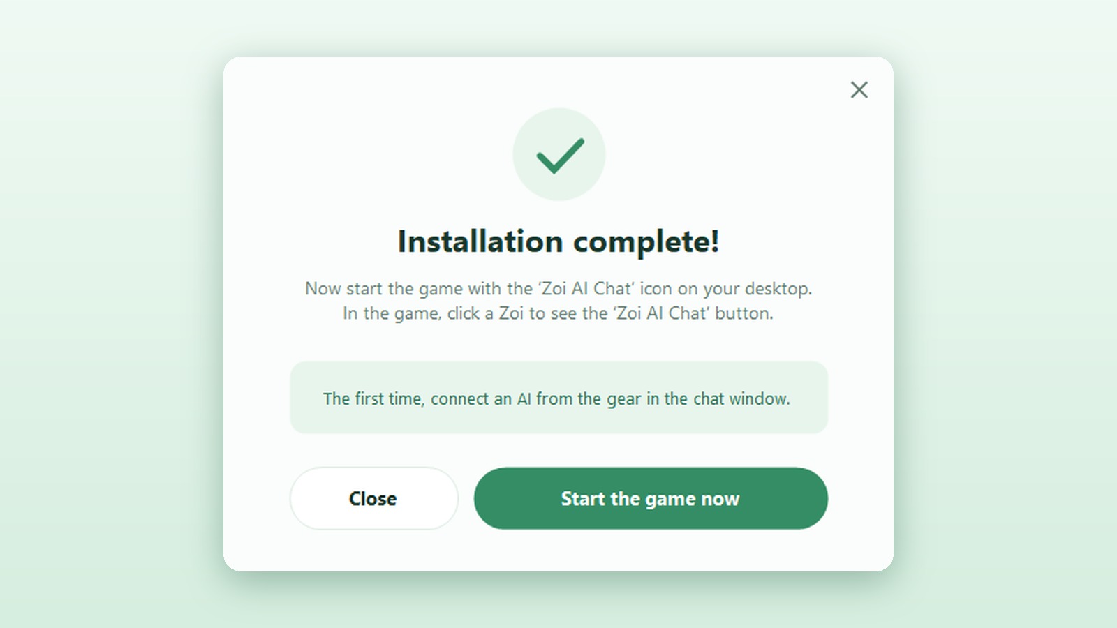 Installation complete, with a Start the game now button